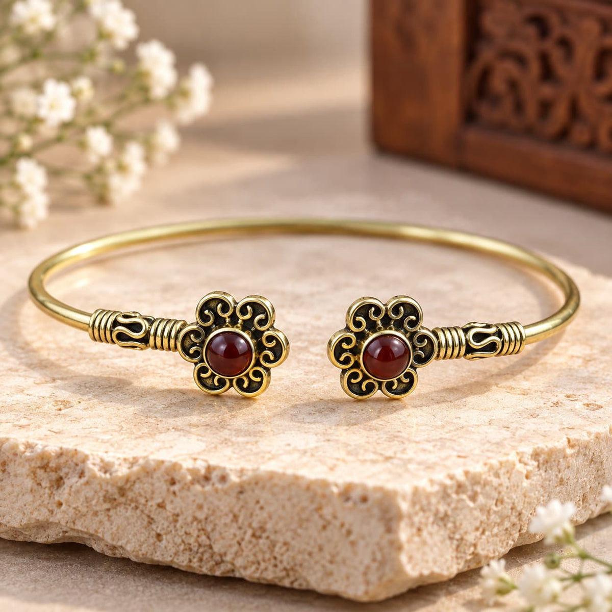 Handcrafted Brass Cuff Bracelet with Carnelian Stone For Confidence & Creative Power