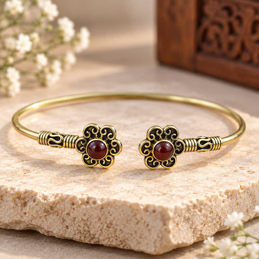 Handcrafted Brass Cuff Bracelet with Carnelian Stone For Confidence & Creative Power