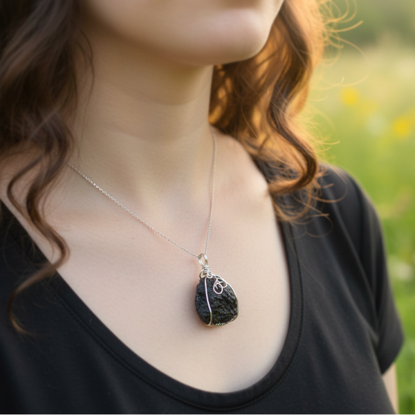 Person wearing a necklace with a black pendant outdoors