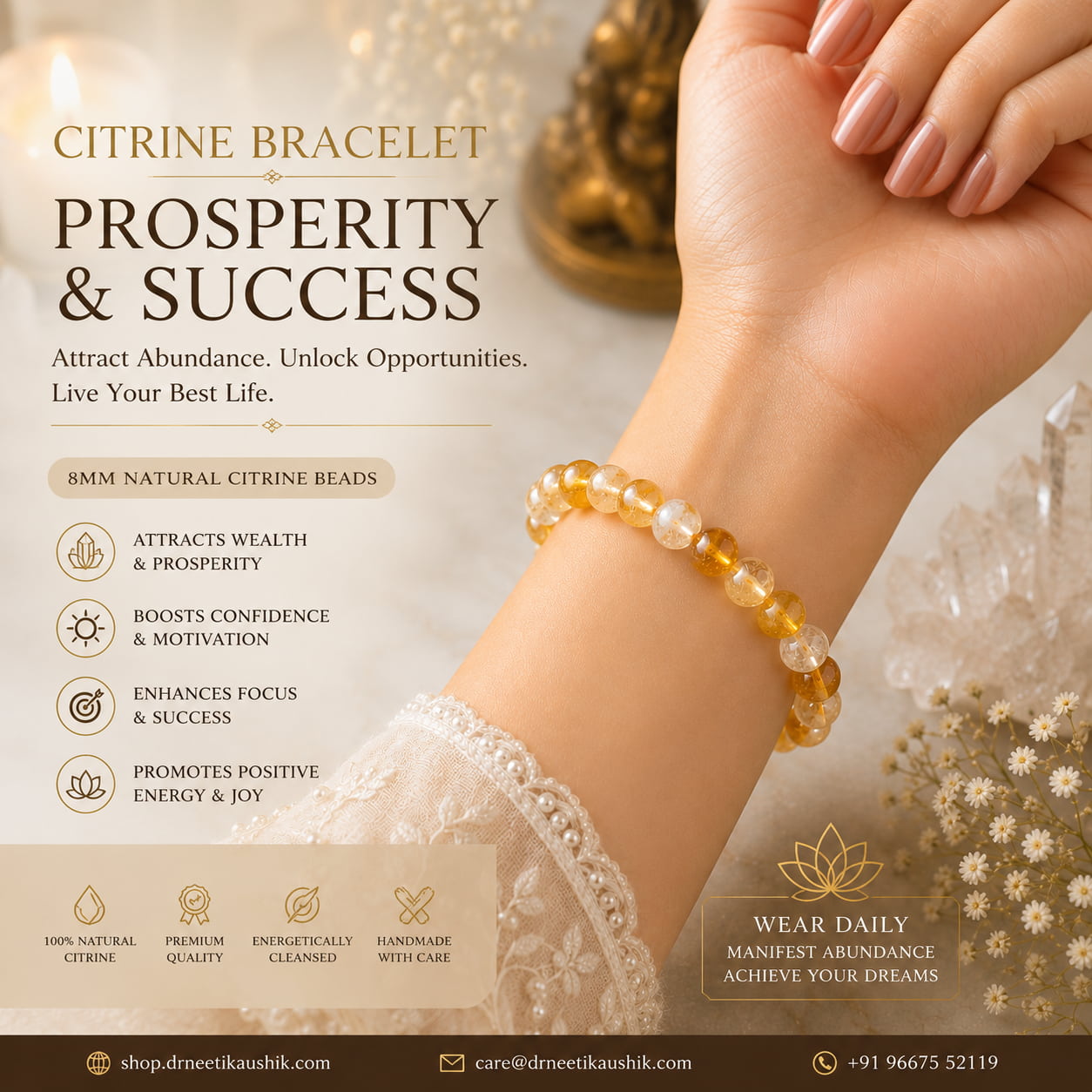 Citrine Bracelet In German Silver For Prosperity & Success-(8mm)