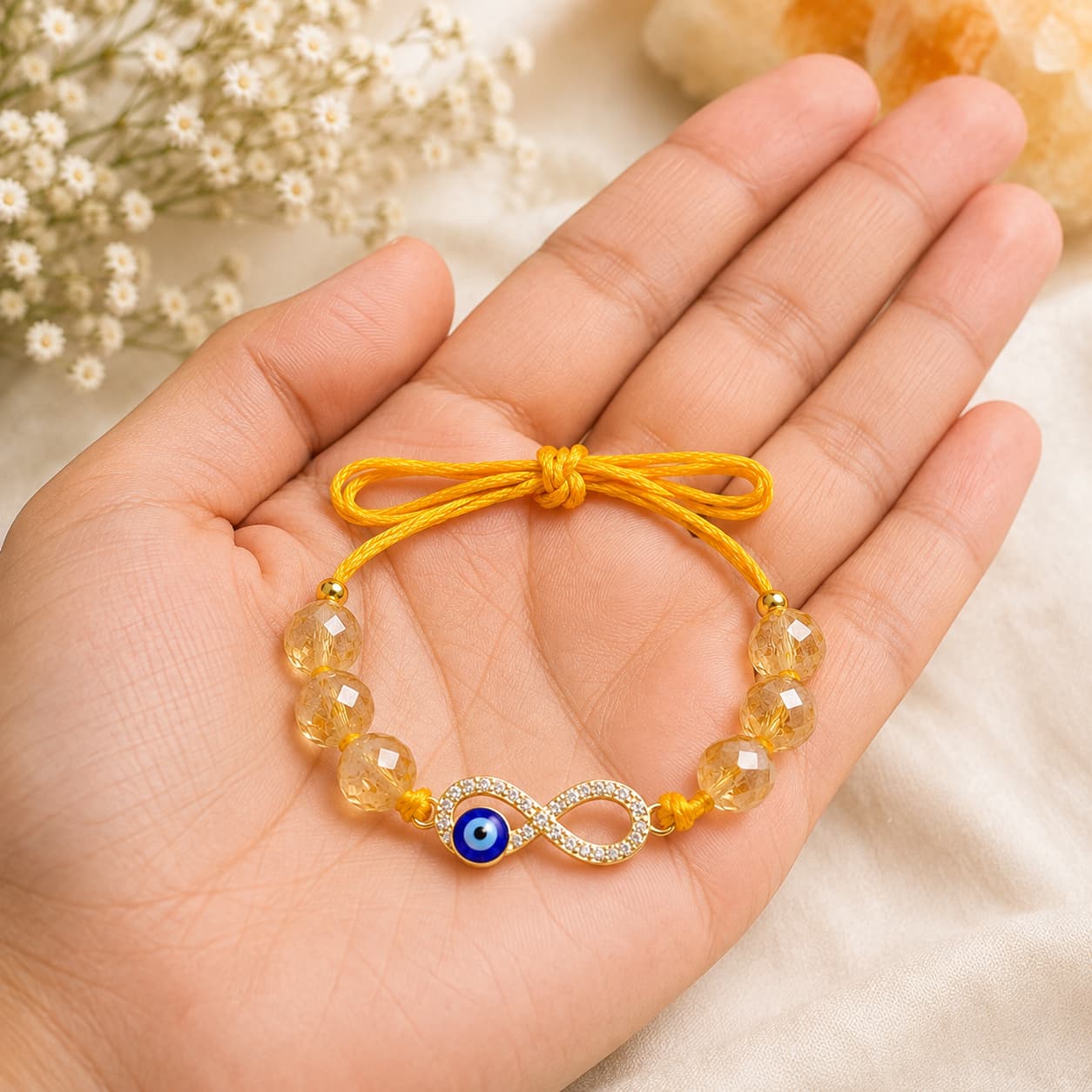 Citrine Infinity  Crystal Rakhi With Evil Eye| Abundance, Protection & Manifestation