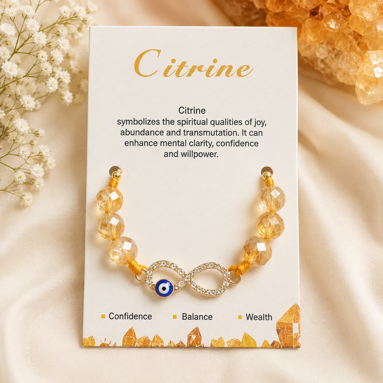 Citrine Infinity  Crystal Rakhi With Evil Eye| Abundance, Protection & Manifestation