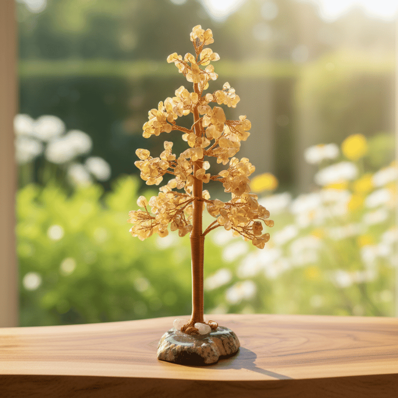 Decorative citrine crystal tree on a wooden surface with a blurred natural background