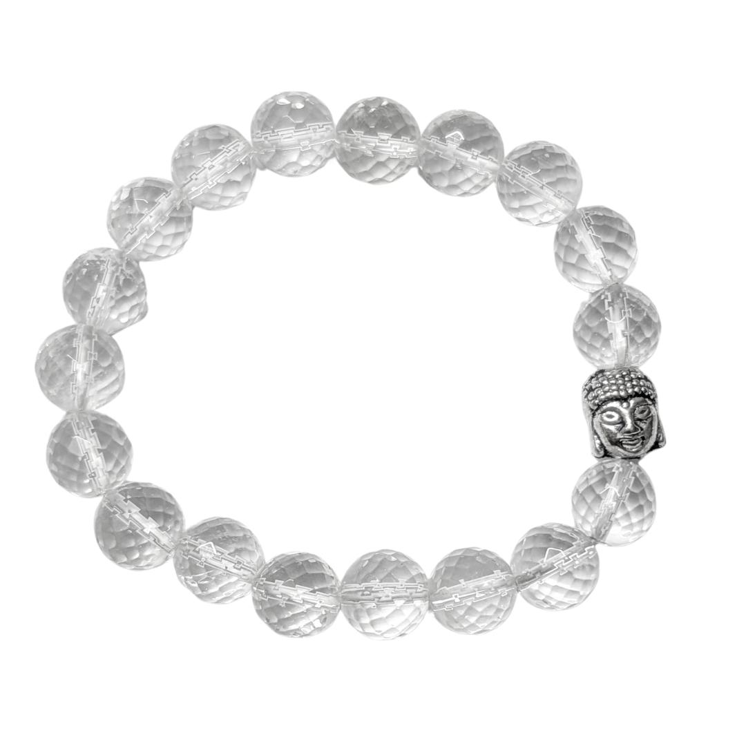 Bracelet with clear beads and Buddha charm on a white background