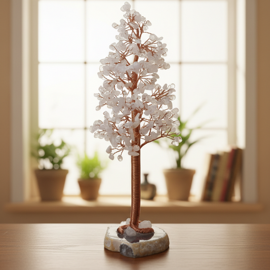 Decorative tree with white flowers on a stone base in a room with plants and books.