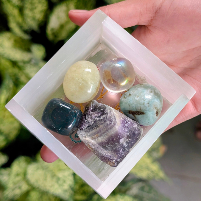 Selenite box with crystal tumbles for cleansing and energy charging