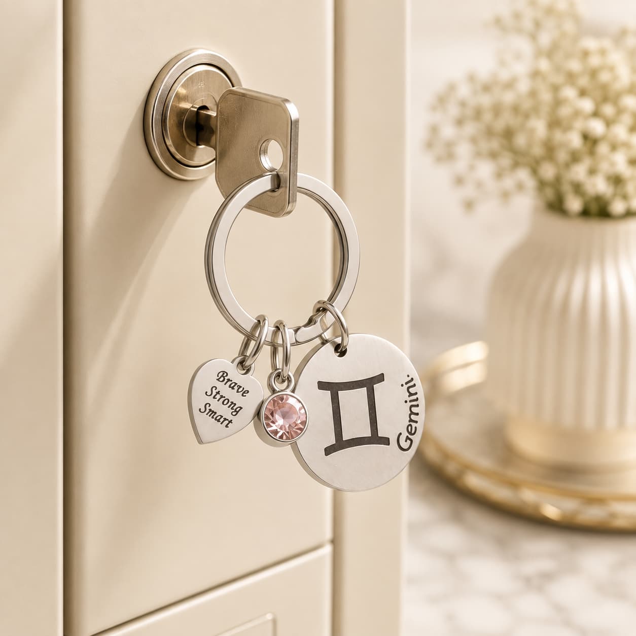 The Gemini Keychain Zodiac Luck Charm with Light Brown Stone