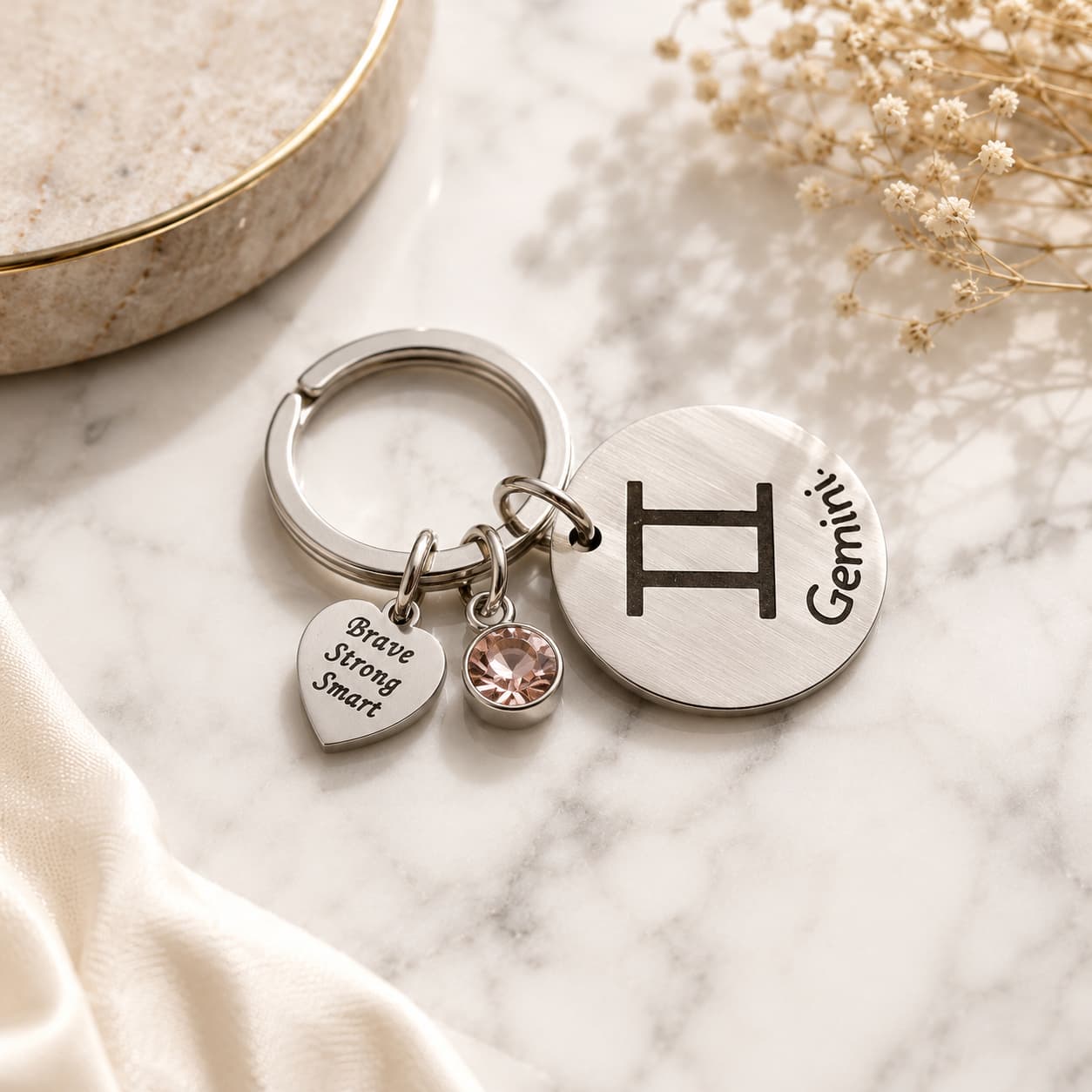 The Gemini Keychain Zodiac Luck Charm with Light Brown Stone