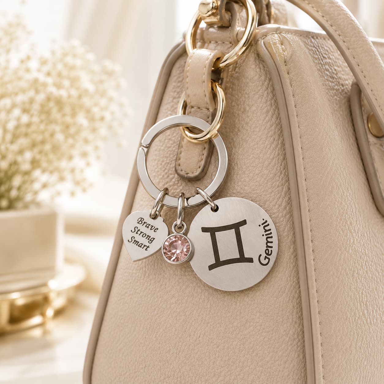 The Gemini Keychain Zodiac Luck Charm with Light Brown Stone