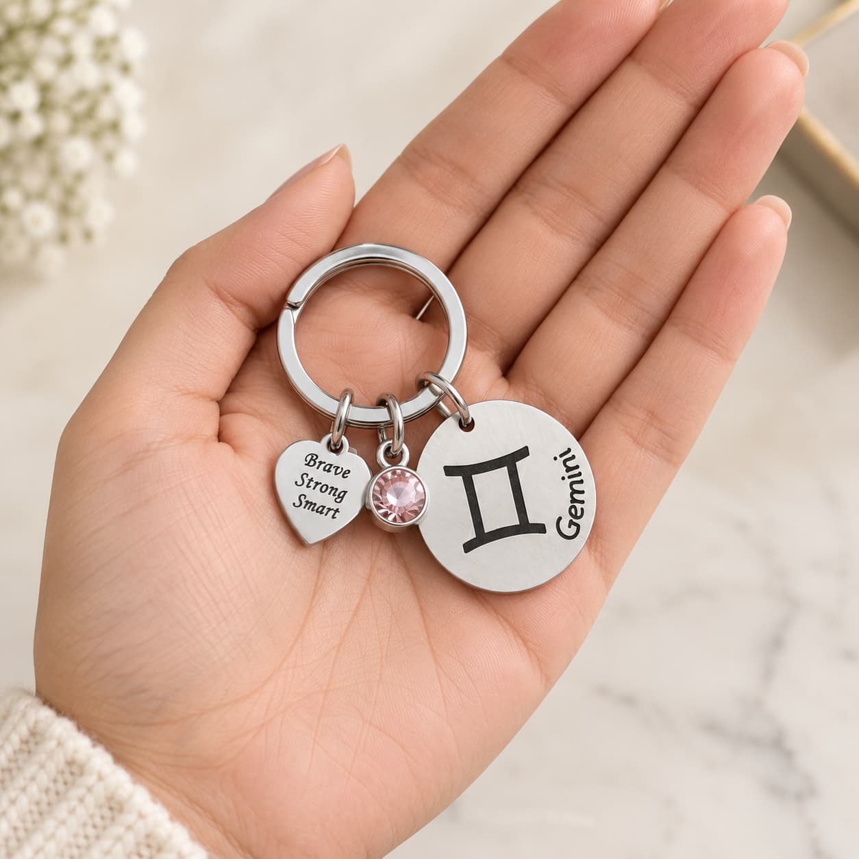The Gemini Keychain Zodiac Luck Charm with Light Brown Stone