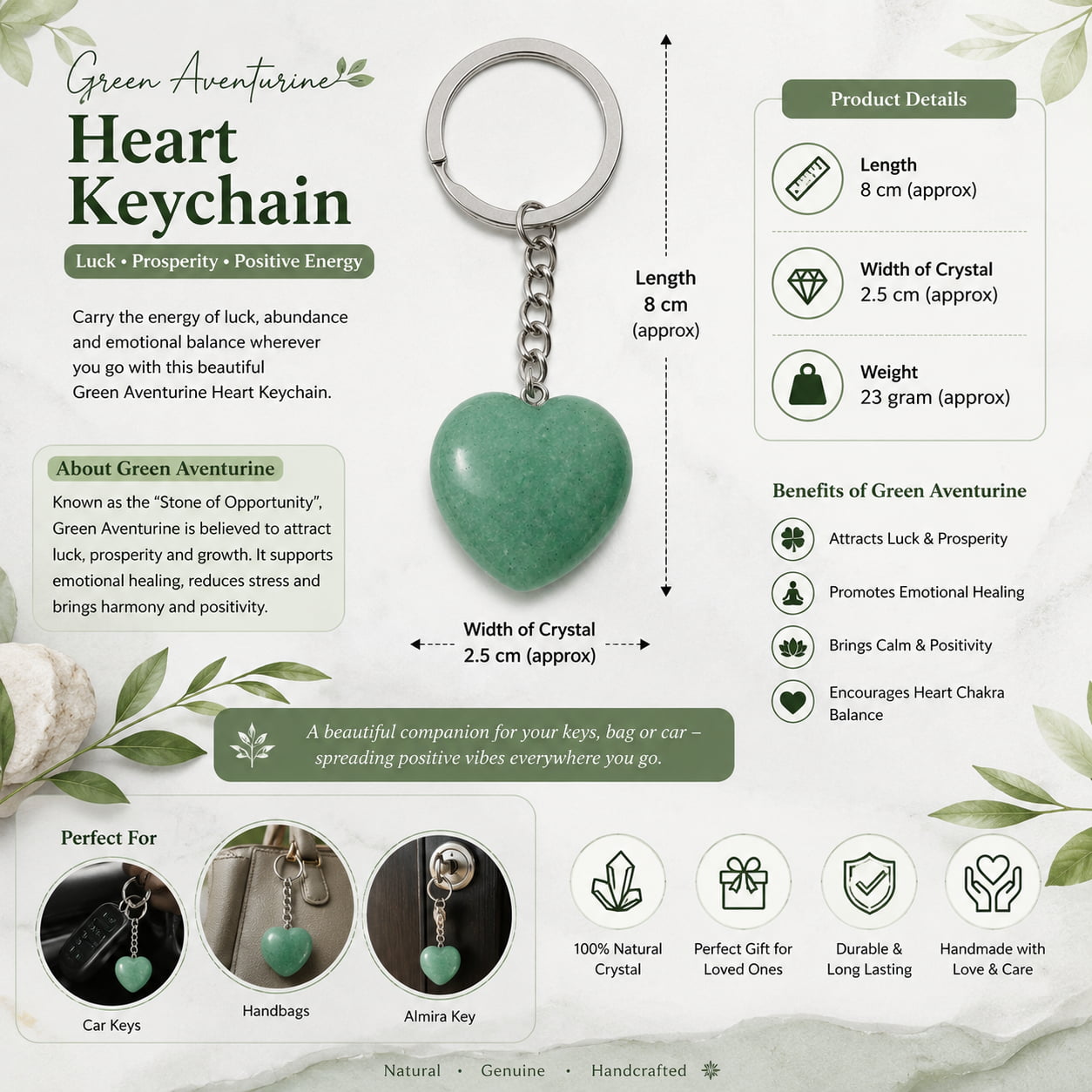 Green Aventurine Heart Keychain | Luck, Prosperity & Emotional Healing