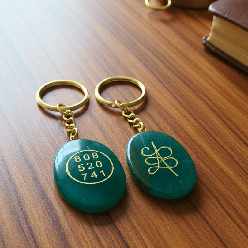 Two green aventurine keychains with gold text on a wooden surface