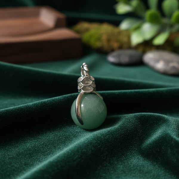 Green jade pendant with silver setting on a green fabric background