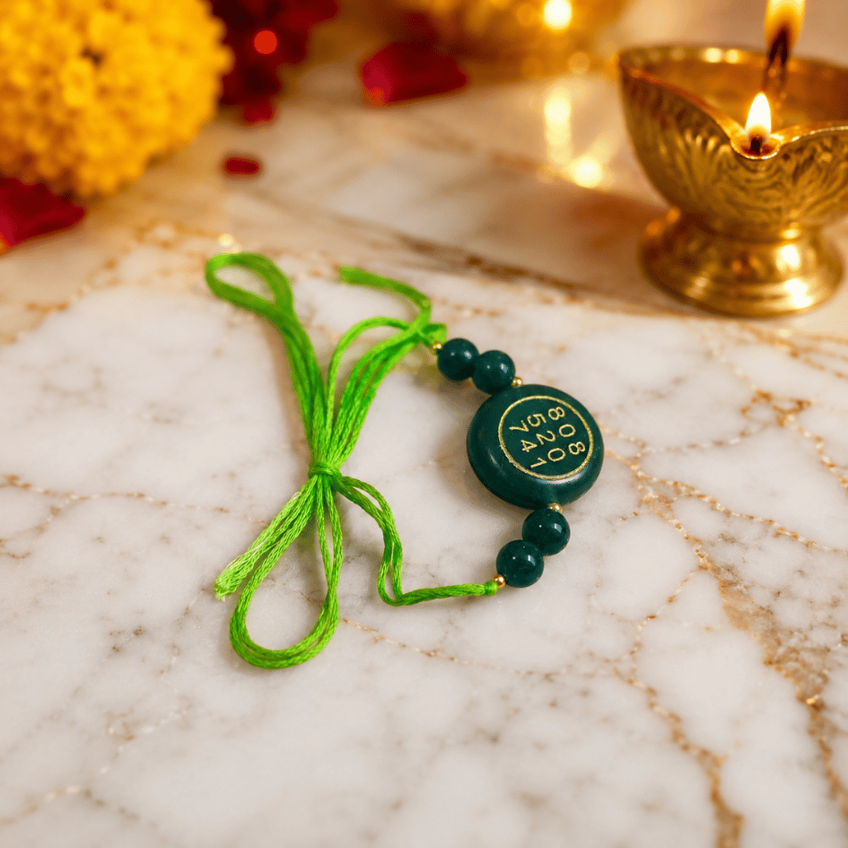 Natural Green Jade Crystal Rakhi for Abundance, Luck & Prosperity