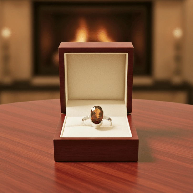 Hessonite garnet silver ring for strength and protection