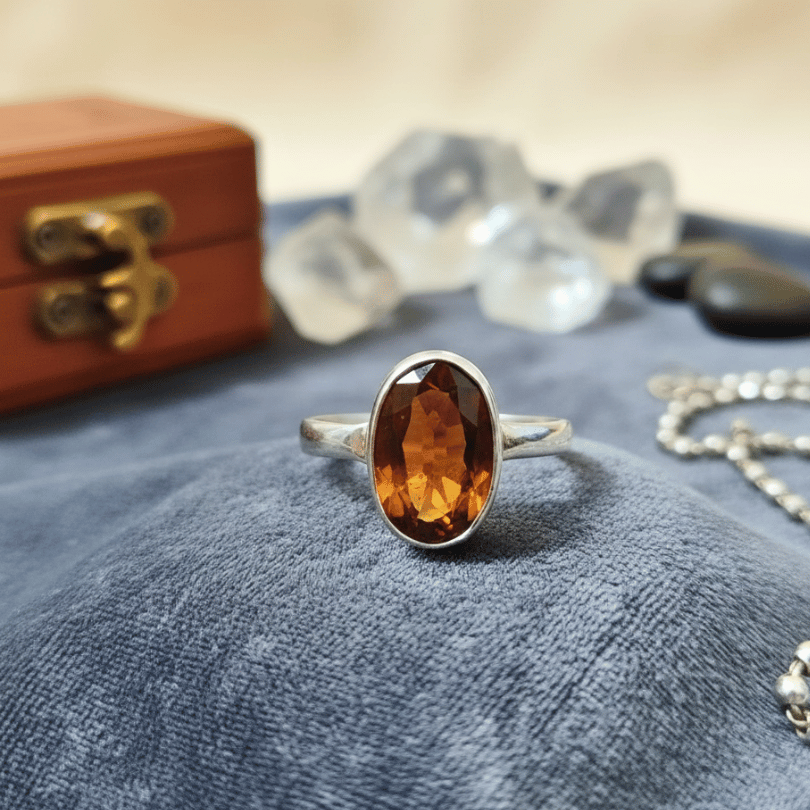 Hessonite garnet silver ring for strength and protection