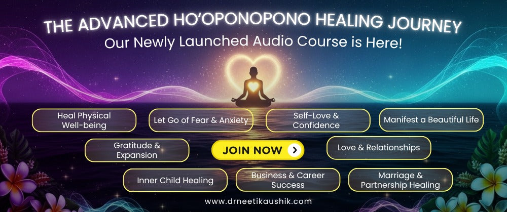 Advertisement for an advanced Ho'oponopono healing journey audio course with a silhouette of a person meditating.
