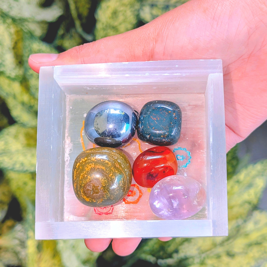 Healing Selenite crystal box with gemstone tumbles for purification