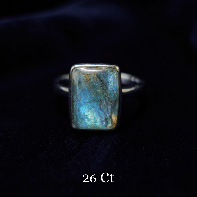 Ring with a rectangular labradorite stone on a dark background