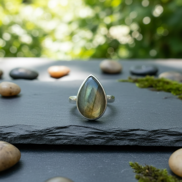 Silver ring with a labradorite gemstone on a dark surface with blurred greenery in the background
