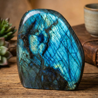 Blue labradorite stone on a wooden surface with a plant and ceramic item in the background