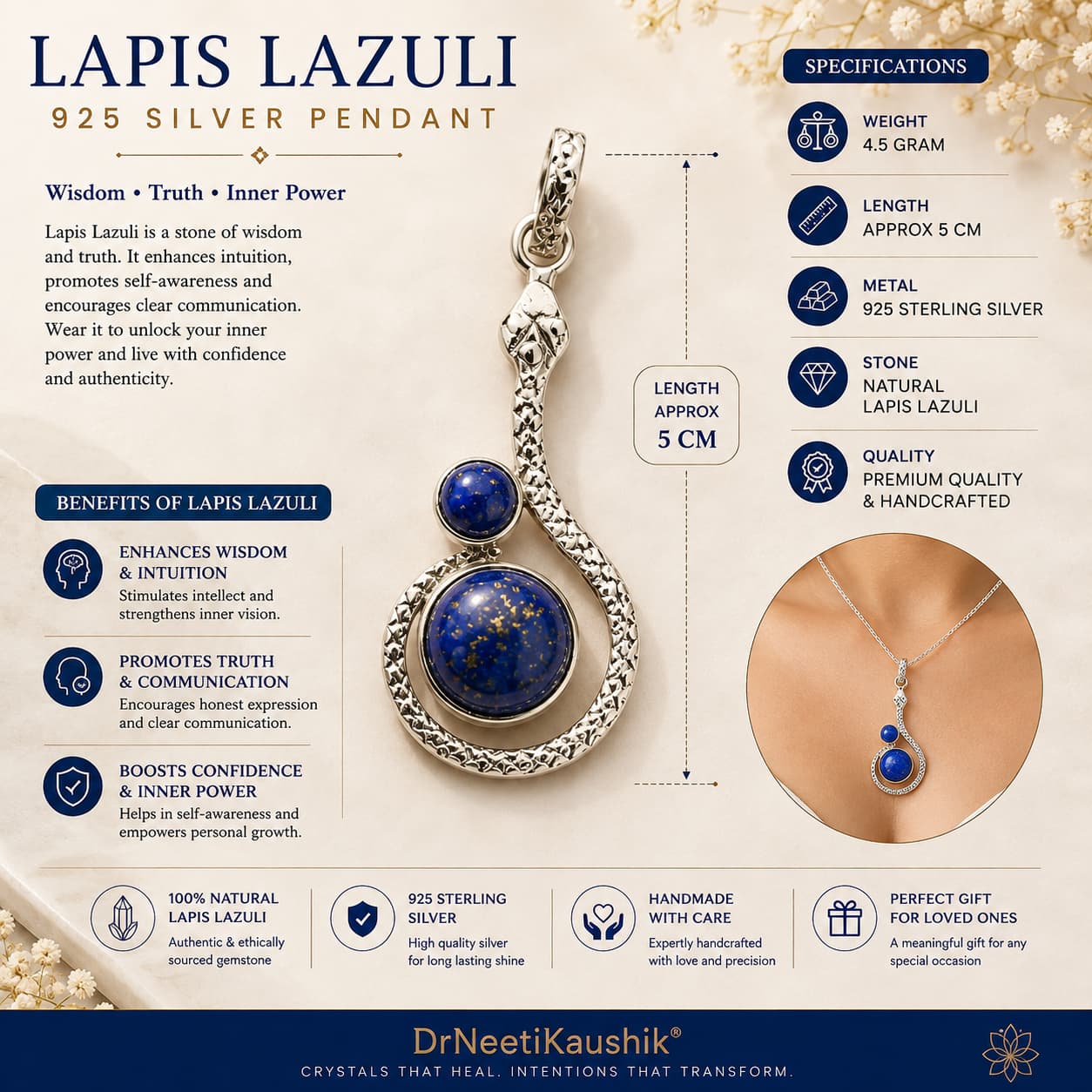 lapis lazuli gemstone pendant for emotional healing, protection and intuition