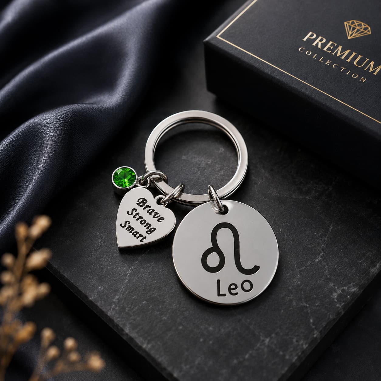 The Leo Keychain Zodiac - Strength Charm with Green Corundum