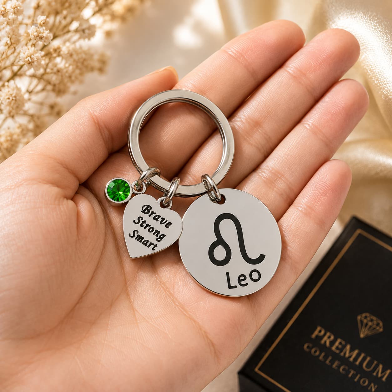 The Leo Keychain Zodiac - Strength Charm with Green Corundum