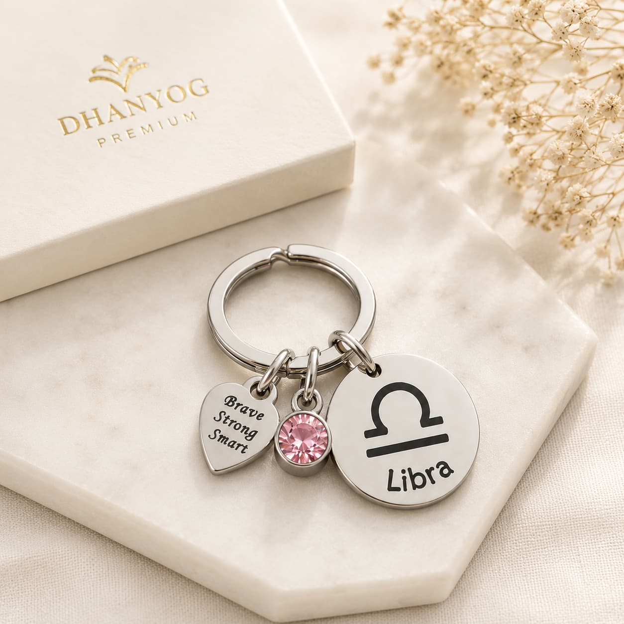 The Libra Keychain Zodiac Luck Charm with Pink Stone
