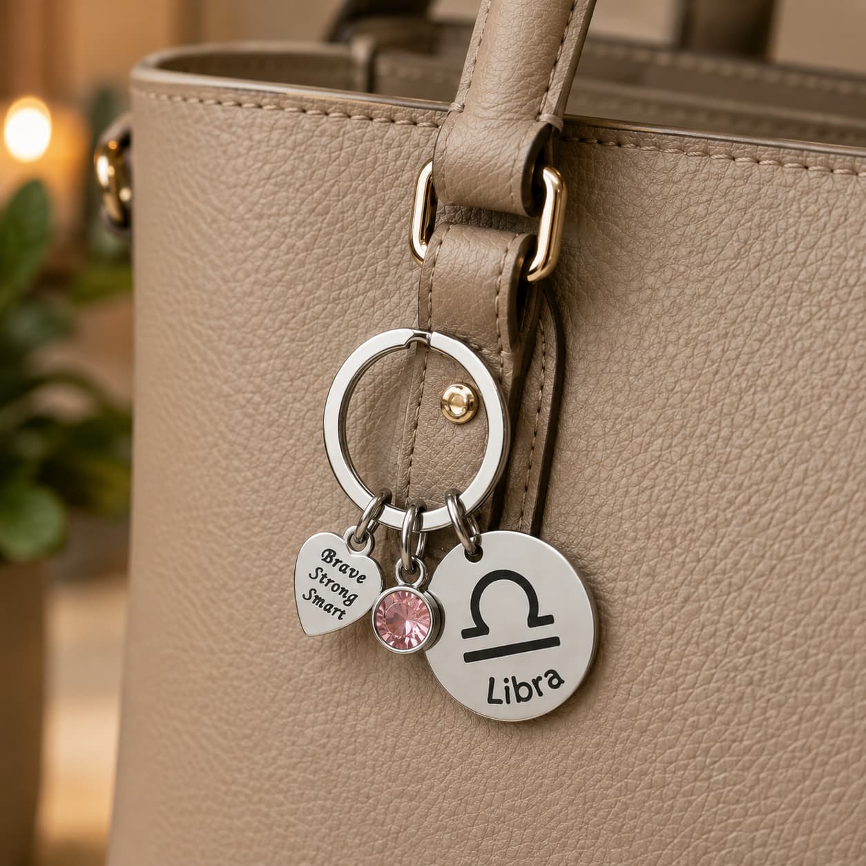 The Libra Keychain Zodiac Luck Charm with Pink Stone
