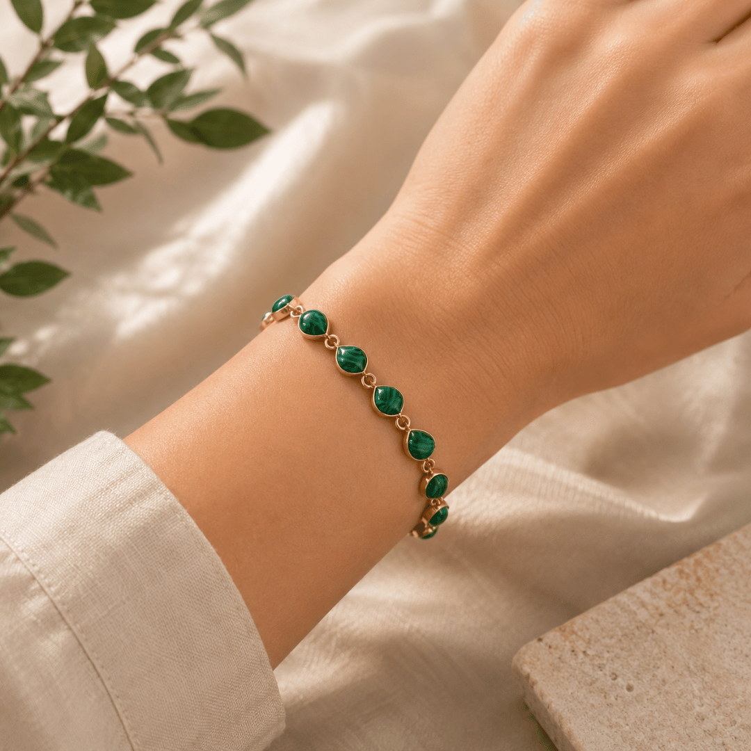 natural malachite gemstone brass bracelet for positive energy