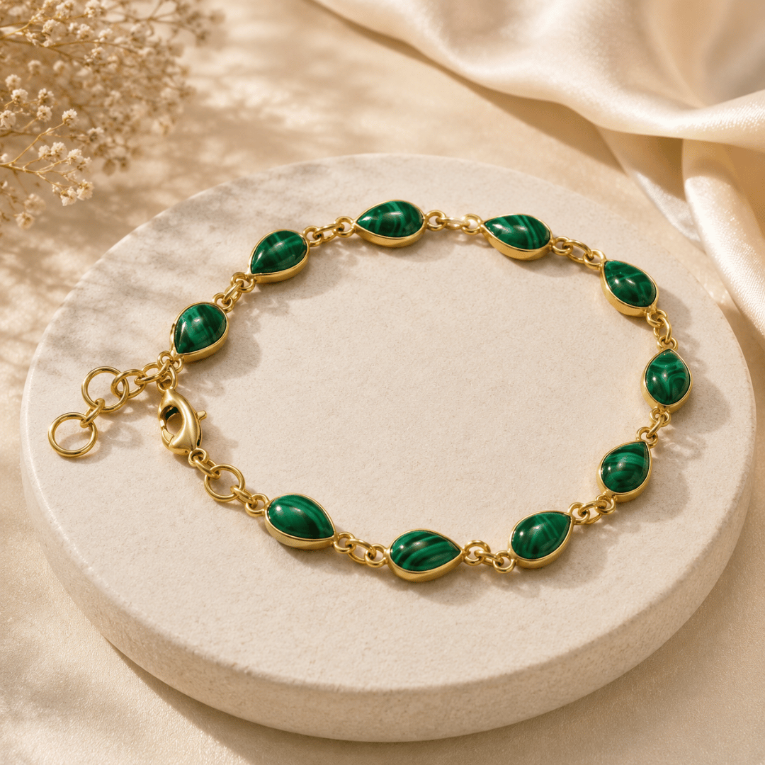 natural malachite gemstone brass bracelet for positive energy