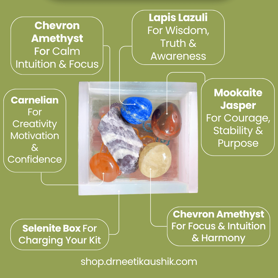 Set of stones with their names and benefits on a green background