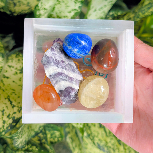 Selenite box with crystal tumbles for cleansing and energy charging