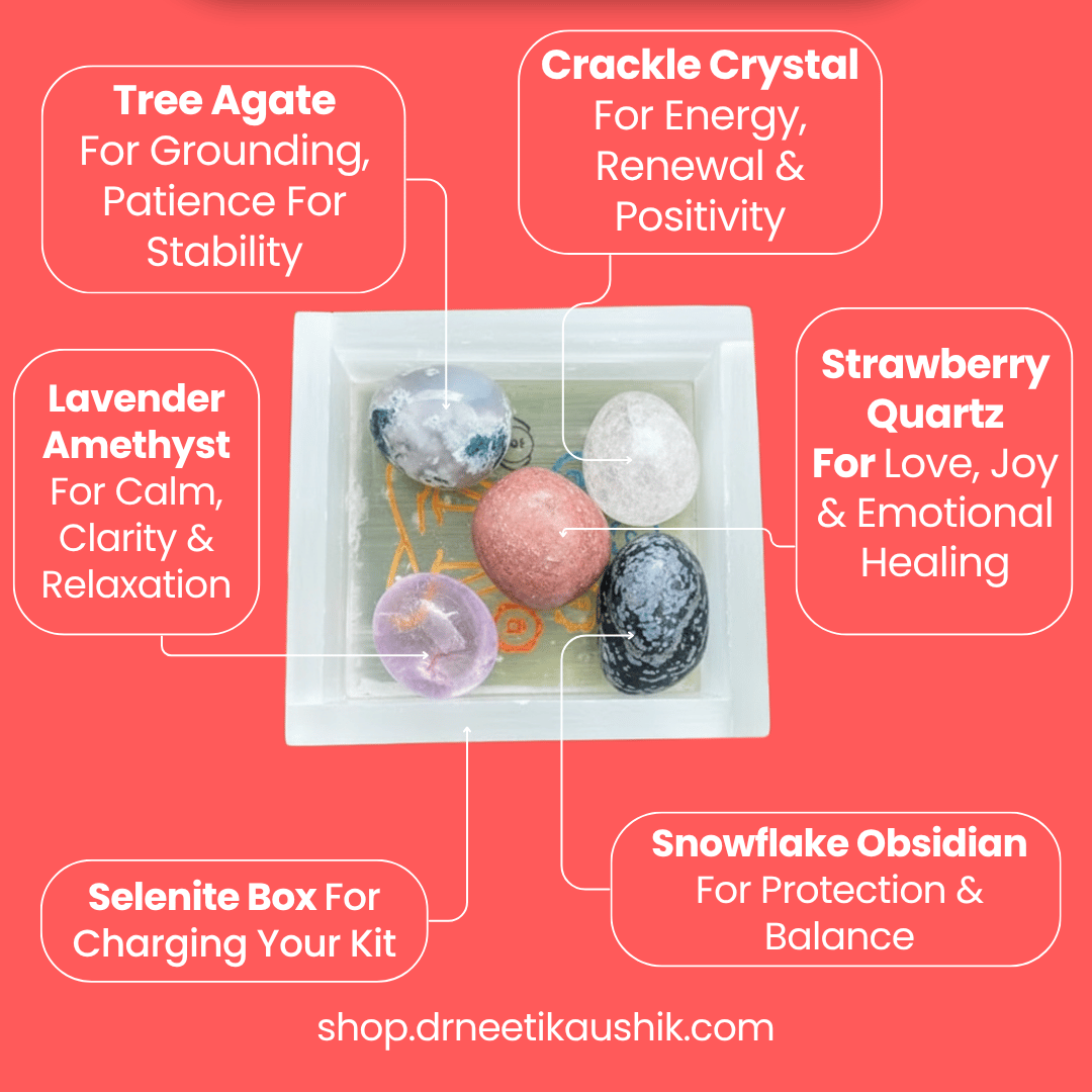 Collection of crystals in a box with descriptions on a pink background