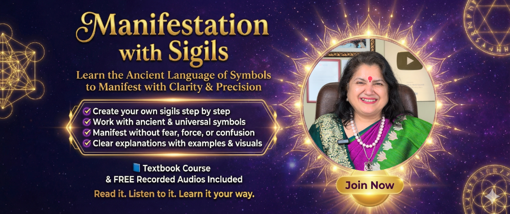 Advertisement for 'Manifestation with Sigils' course featuring a woman and text about learning ancient symbols.