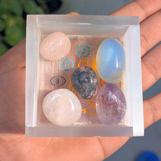 Healing Selenite crystal box with gemstone tumbles for purification