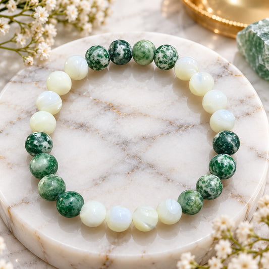 Pisces (मीन) Abundance Bracelet for 2027 | Green Spot Jasper and Mother of Pearl
