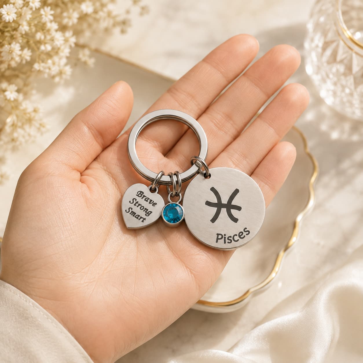 The Pisces Keychain Zodiac Love Charm with Blue Stone