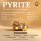 Pyrite stone with information on its properties and healing benefits on a beige background