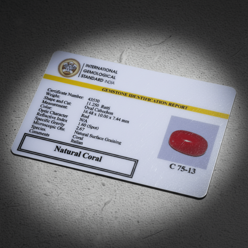 Gemstone identification report card with a red gemstone on a dark surface