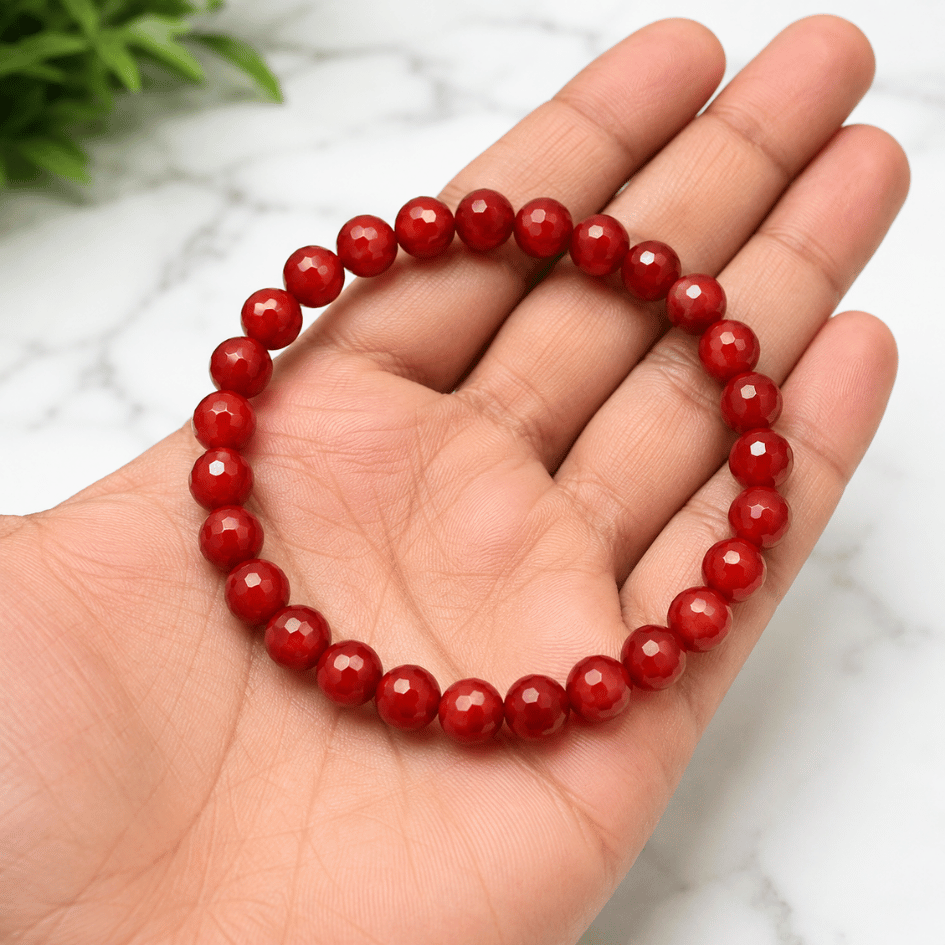 Natural Red Onyx Diamond Cut Bracelet 8mm for Strength, Confidence & Protection