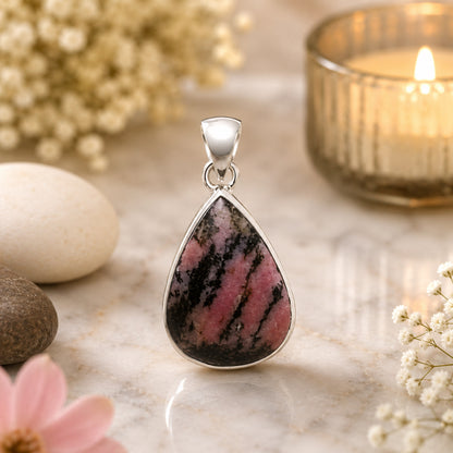 Rhodonite 925 Silver Pendant For Emotional Healing, Self-Love & Balance