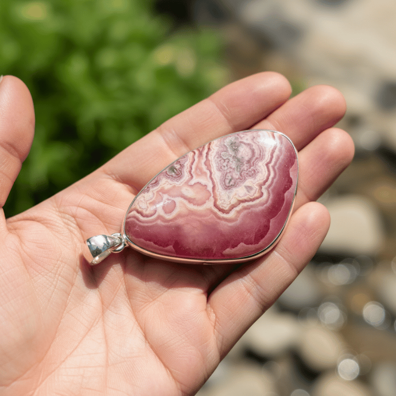 rhodochrosite silver pendant for love and emotional healing