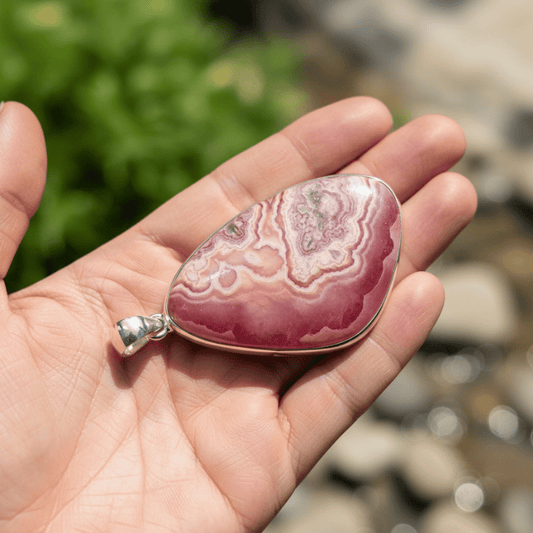 rhodochrosite silver pendant for love and emotional healing