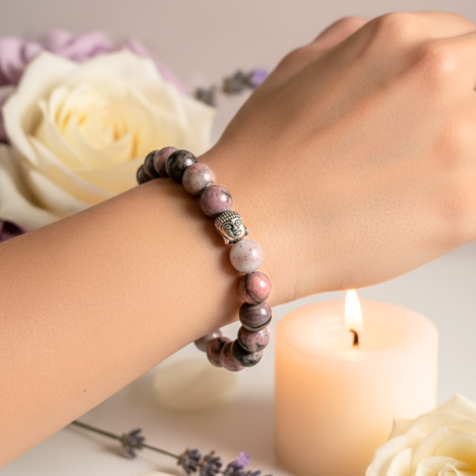 Natural Rhodonite gemstone bracelet for compassion and self-love