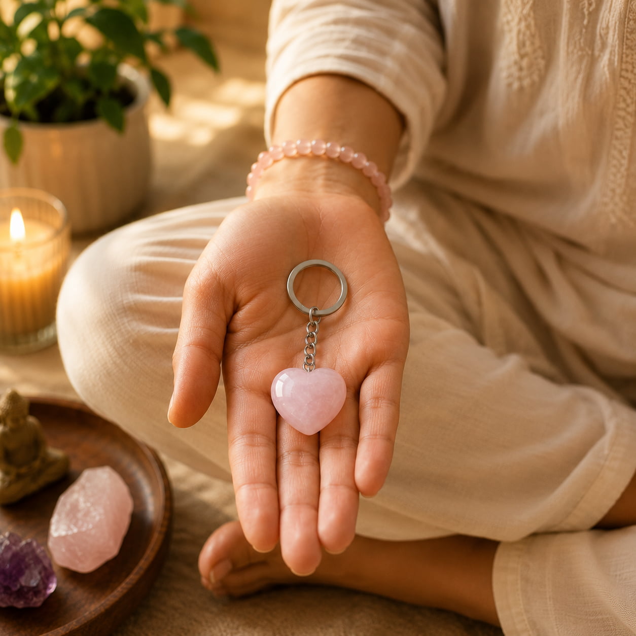 Rose Quartz Heart Keychain – Love, Healing & Emotional Connection