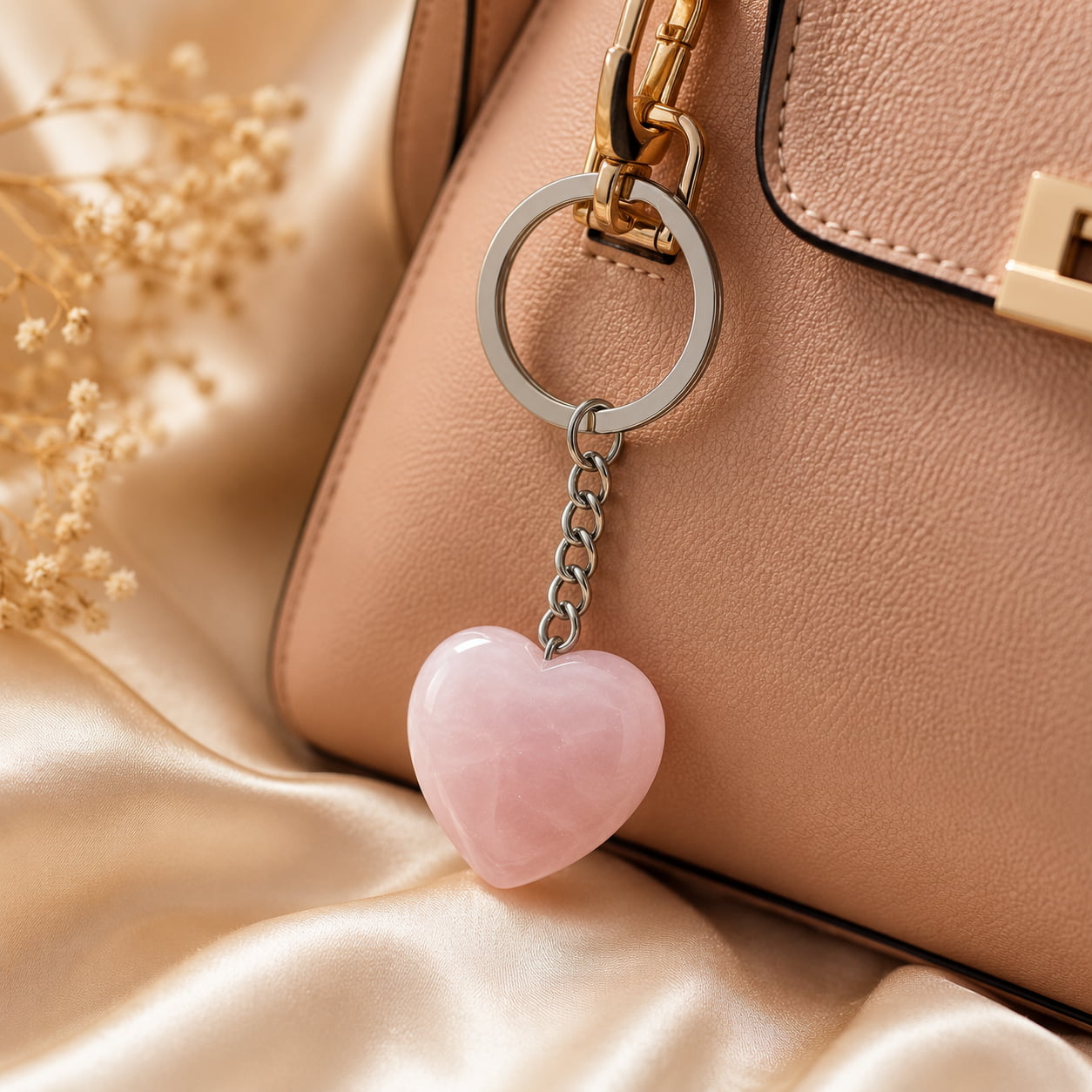 Rose Quartz Heart Keychain – Love, Healing & Emotional Connection