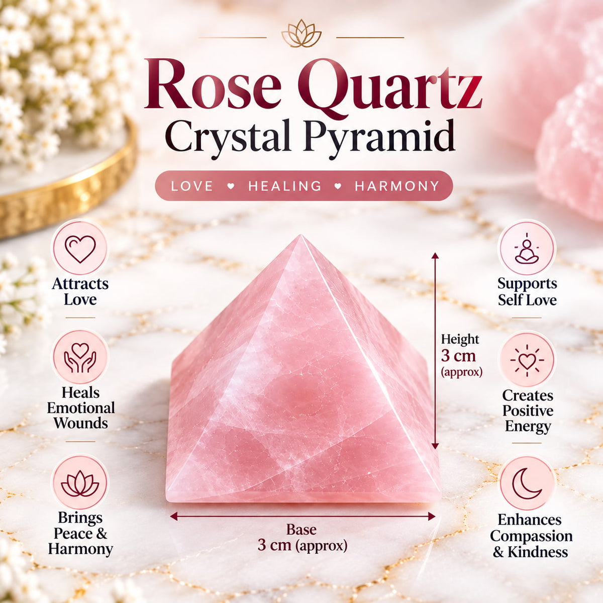 Rose Quartz Crystal Pyramid For Love, Self-Love and Heart Chakra Healing