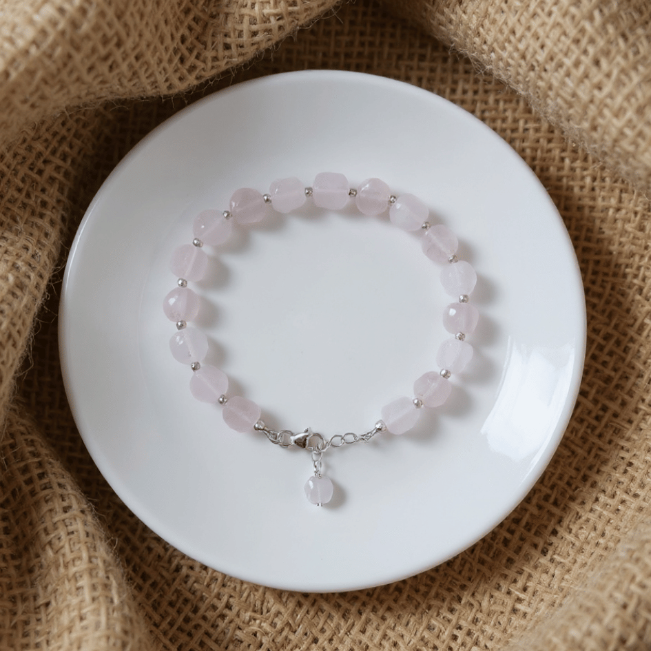 Rose Quartz Raw Beads 925 Sterling Silver Bracelet For Self-Love, Emotional Healing, Heart Opener